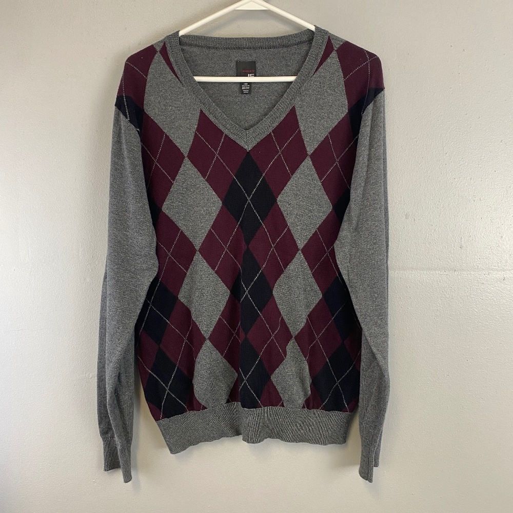 JF J. Ferrar Modern Fit Argyle Knit V-Neck Long Sleeve Sweater Size Small Gray
